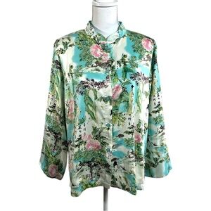 Cruz NATORI Satin Button Down Mandarin Collar Geisha Print Long Sleeve Top Large